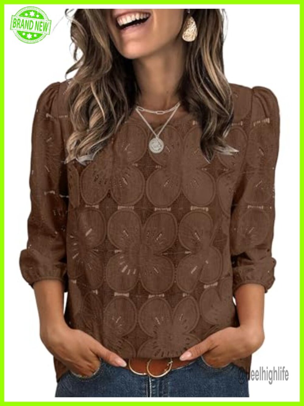 Sampeel Women's 3/4 Sleeve Eyelet Lace Blouse Dressy Casual Top
